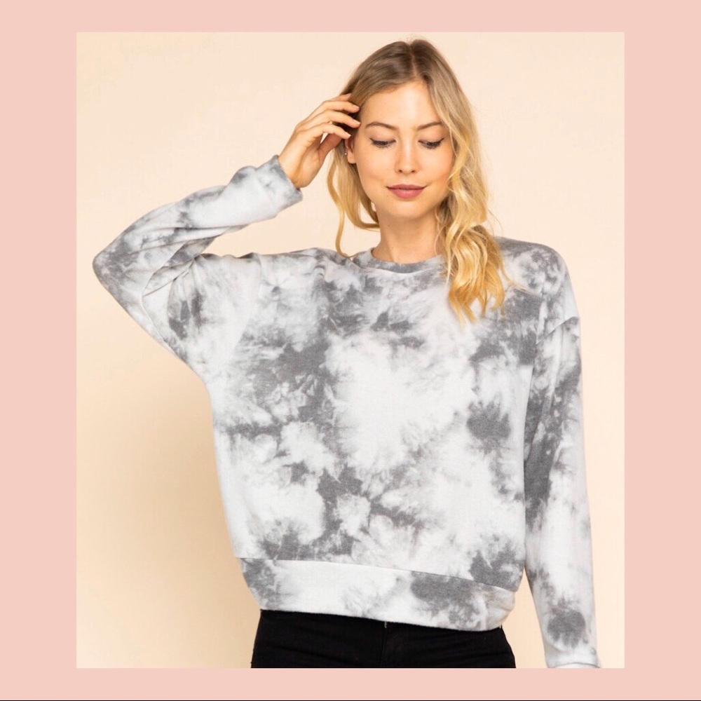 Women's Boutique Grey Tie Dye Textured Fleece Sweatshirt Gilli